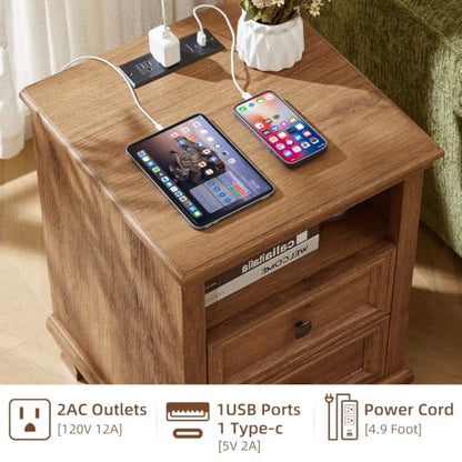 Farmhouse Nightstand with Charging Station, Brown | End Tables Bedroom with 2 Drawers, Traditional Night Stand with Open Shelf & Thickened Top & Square Wooden Legs - color: Brown, size: 18"D x 18"W x 25"H (2 Drawers)