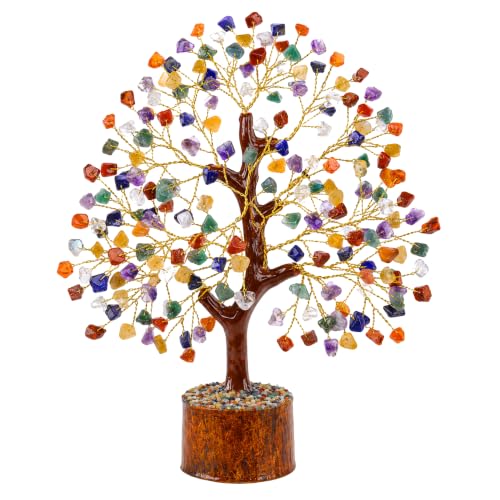 Chakra Crystal Tree of Life – Multi Stone Gemstone Money Tree with Feng Shui Bonsai for Good Luck, Positive Energy & Home Office Decor, Handmade Birthday Gift for Women - color: 7 Chakra Multi Golden Wire