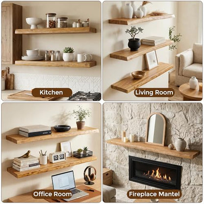 Dreamland Floating Shelves 24 Inch Long, Rustic Solid Elm Wood Live Edge Floating Shelf Wall Mounted, Wall Shelves Set of 2 with Invisible Bracket for Living Room Bathroom Kitchen, Natural - color: Natural, size: Live Edge - 24"L