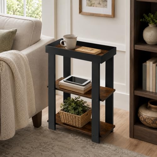 3-Tier Narrow Side Table with Tray Top,Slim Side Table,Rustic Brown | Rustic Farmhouse Narrow End Table with Storage, Modern Slim Table Nightstand for Small Spaces, Bedroom or Living Room - color: Rustic Brown