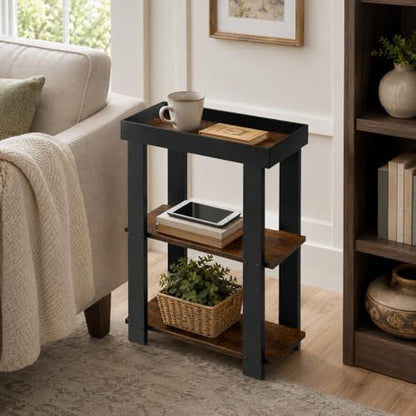 3-Tier Narrow Side Table with Tray Top,Slim Side Table,Rustic Brown | Rustic Farmhouse Narrow End Table with Storage, Modern Slim Table Nightstand for Small Spaces, Bedroom or Living Room - color: Rustic Brown