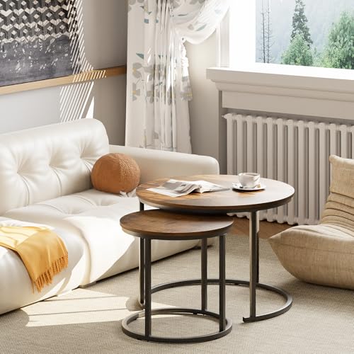aboxoo Coffee Table Nesting Round Table Set of 2 Side Table with Sturdy Metal Frame for Living Room Bedroom Apartment Modern Industrial Simple Nightstand,Rustic Brown - color: Rustic Brown