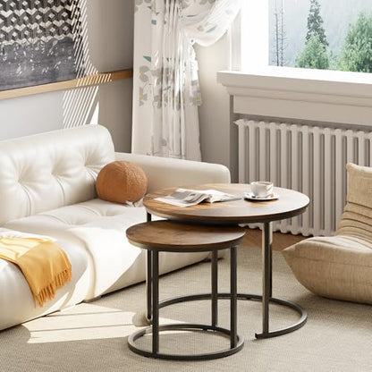 aboxoo Coffee Table Nesting Round Table Set of 2 Side Table with Sturdy Metal Frame for Living Room Bedroom Apartment Modern Industrial Simple Nightstand,Rustic Brown - color: Rustic Brown