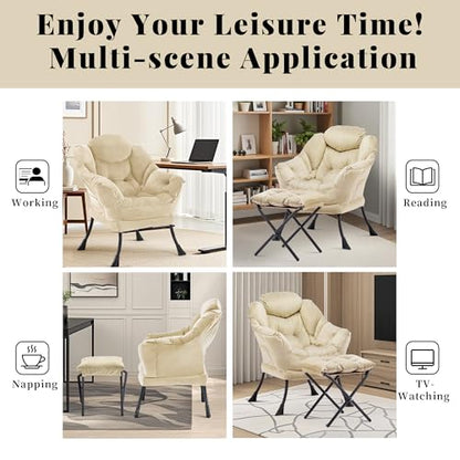 Lazy Chair with Ottoman, Comfy Reading Chair, Khaki | Cushioned Seat with Foldable Ottoman and Side Pocket, Lounge Chair for Bedroom, Living Room, Dorm and Small Spaces - color: Khaki