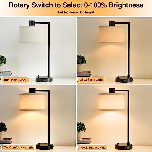 Luvkczc Table Lamp for Bedroom Set of 2 with USB C+A Ports, Fully Stepless Dimmable Bedside Lamp with Linen Lampshade, Contemporary Lamp for Living Room Reading Office, 2 LED Bulbs Included (Black) | Nightstand Lamp with Linen Lampshade, 2 LED Bulbs Inclu