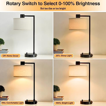 Luvkczc Table Lamp for Bedroom Set of 2 with USB C+A Ports, Fully Stepless Dimmable Bedside Lamp with Linen Lampshade, Contemporary Lamp for Living Room Reading Office, 2 LED Bulbs Included (Black) | Nightstand Lamp with Linen Lampshade, 2 LED Bulbs Inclu