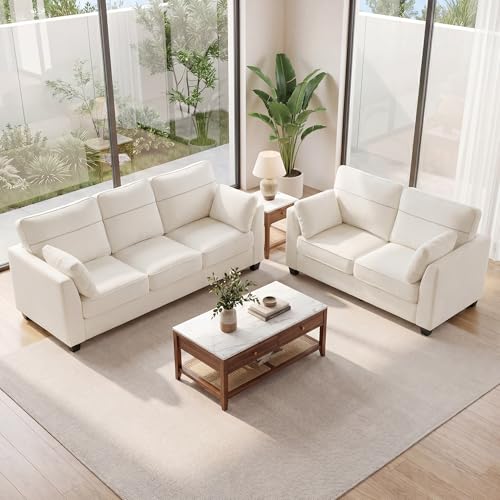 65.4" Loveseat Sofa, Chenille Love Seat with 2 Pillows, Beige | Easy Assembly, Pocket Spring Cushions, Comfy Modern Small Couch for Living Room, Bedroom, Apartment, Office - color: Beige, size: 65.4" Loveseat Sofa