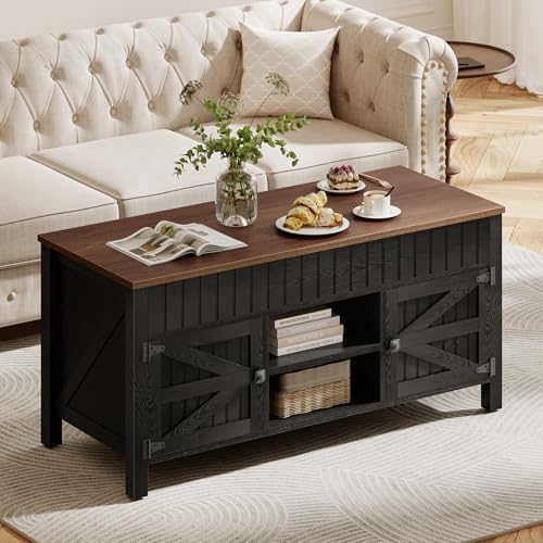 47.3" Lift Top Coffee Table with Storage - Black Coffee Tables for Living Room, Farmhouse Wood Center Table, Large Rectangle Middle Tables with Hidden Compartment & Adjustable Shelf - color: Black