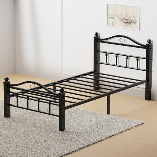 Twin Bed Frames with Headboard | 1500LBS Heavy Duty, Noise Free Design, 12 Inch Under-Bed Storage Space, No Box Spring Needed, Tool-Free Assembly - size: Twin