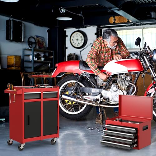 Goplus Tool Chest, 5 Drawers Rolling Tool Cabinet with Detachable Top Toolbox, Universal Lockable Wheels, Lock Bar, Protective Liner & Tool Rack, Metal Tool Storage Cart, Tool Box for Garage Workshop - color: Red + Black, style: 5-Drawers