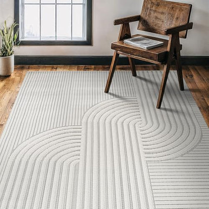 Modern Rug 5x7 Luxury Swirl Curved Micro Loop Area Rugs Soft High-Low Pile Stain Resistant Easy to Clean Non-Shedding Durable Living Room Office Indoor Carpet (White) - color: Curved / White, size: 5' x 7' (Rectangular)