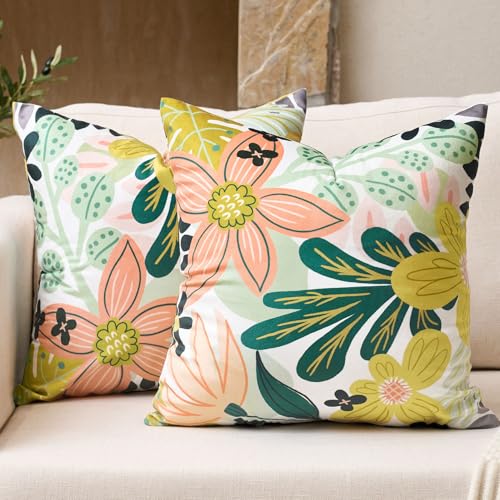 Tyrot Boho Floral Velvet Throw Pillow Covers 18x18 Inch Set of 2 Farmhouse Cushion Covers Mid Century Modern Botanical Home Decor Accent Pillow Cases for Couch Bed Sofa Living Room, Bedroom, Green - color: Rose Garden, size: 18" x 18" (Pack of 2)