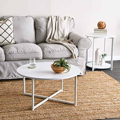 Household Essentials Round Side End Table with Storage Shelf in Scandinavian Wood Grain and Metal Frame, White - color: Scandinavian White