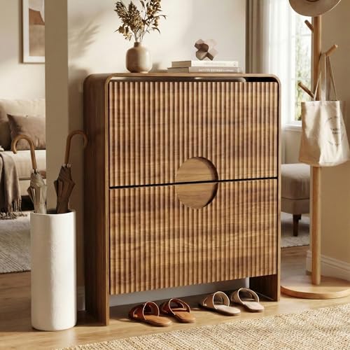 Slim Shoe Storage Cabinet for Entryway, Narrow Shoe Cabinet with 2 Tier Flip Drawers Doors, Fluted Hidden Shoe Rack Organizer for Entrance, Entry Way, Foyer, Hallway, Walnut - color: Walnut