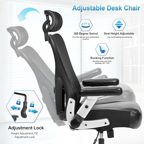 Super Big and Tall Office Chair 700lbs- Heavy Duty Executive Computer Chair with Rubber Wheels 3D Flip Arms, Ergonomic Mesh High Back Desk Chair, Extra Wide Seat Adjustable Lumbar Support & Headrest - size: 700LBS