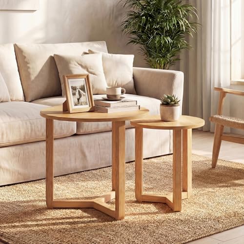 GIANTEX Round Nesting Coffee Table Set of 2, Wood End Tables, Natural | Thickened Top & Solid Rubber Wood Legs, Farmhouse Sofa Side Table for Small Spaces Living Room Bedroom - color: Natural