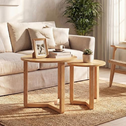 GIANTEX Round Nesting Coffee Table Set of 2, Wood End Tables, Natural | Thickened Top & Solid Rubber Wood Legs, Farmhouse Sofa Side Table for Small Spaces Living Room Bedroom - color: Natural