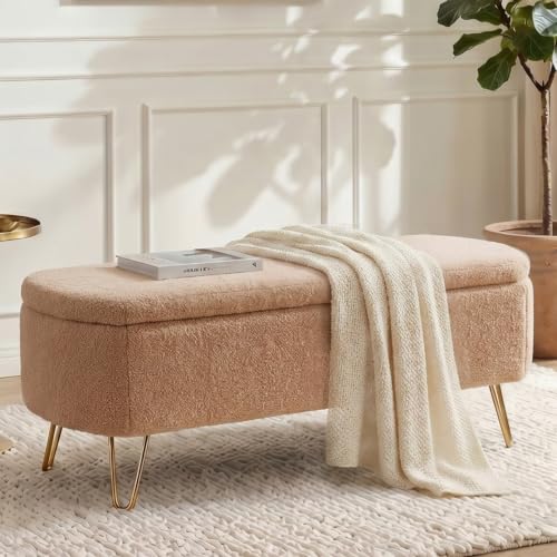 Modern Storage Ottoman Bench, Vintage Boucle Upholstered Entryway Bench, End of Bed Bench with Gold Legs, Padded Bench with Storage for Living Room, Bedroom, Entryway (Camel) - color: Camel