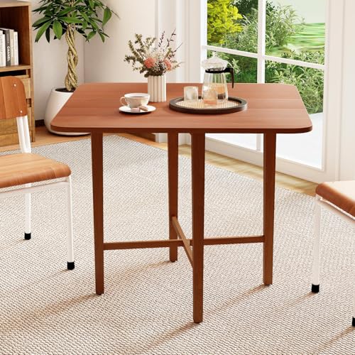 COSTWAY Square Drop Leaf Dining Table, 36" Compact Folding Kitchen Table | Solid Rubber Wood Legs, Farmhouse Extendable Table for for 2-4 People, Dining Room, Small Space, Apartment, Walnut - color: Walnut