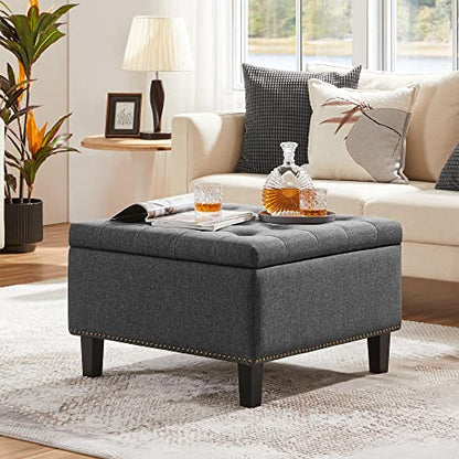 Yaheetech 28in Square Storage Ottoman Coffee Table with Nailhead, Dark Gray | Button-Tufted Linen-Look Fabric Bench, 3.2C Storage Space, Wood Legs, Metal Hinges, for Bedroom Foot of Bed Living Room - size: 28"D x 28"W x 18"H