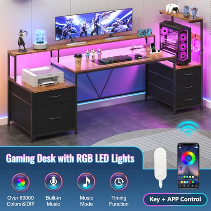 63" Gaming Desk with Drawers, Storage Shelves and Printer Stand | Computer Desk with Monitor Stand and LED Lights, Reversible Home Office Desk with Printer Shelf, Rustic Brown - color: Rustic Brown