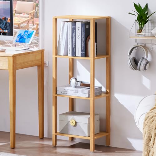 YUFAM 4-Tier Tall Slim Bookshelf, Small Bookcase for Small Spaces, Wood - color: Natural, size: 4-Tier