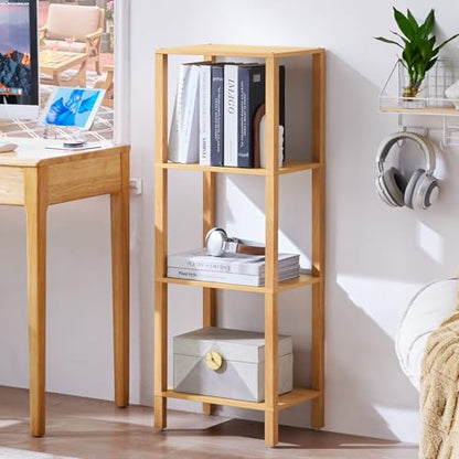 YUFAM 4-Tier Tall Slim Bookshelf, Small Bookcase for Small Spaces, Wood - color: Natural, size: 4-Tier