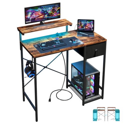 X-cosrack 33.5" Small Gaming Desk with LED Lights & Outlets, Monitor Stand | Computer Desk for Bedroom, Writting Studying Table with CPU Stand& Charging Station - color: Rustic Brown, size: 33.5"