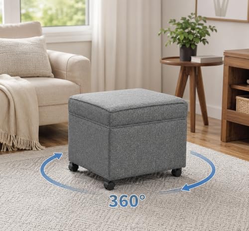 17" Square Storage Ottoman with Wheels, Upholstered Linen Movable Cube Footrest & Extra Seat with Flip Top for Living Room, Bedroom, Dark Grey - color: Dark Grey With Wheels
