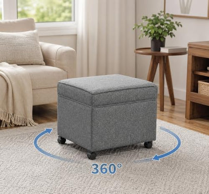17" Square Storage Ottoman with Wheels, Upholstered Linen Movable Cube Footrest & Extra Seat with Flip Top for Living Room, Bedroom, Dark Grey - color: Dark Grey With Wheels