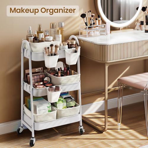 3-Tier Rolling Utility Cart with 4 Woven Baskets, Diaper Book Snack Cart, Storage Organizer for Nursery, Kitchen, Craft Room, Home SPA, Living Room, Metal Frame Trolley on Lockable Wheels, White - color: White