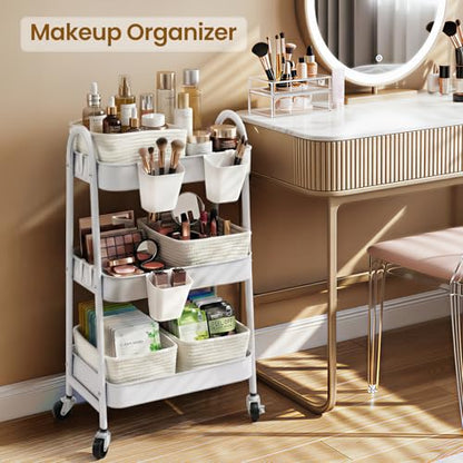 3-Tier Rolling Utility Cart with 4 Woven Baskets, Diaper Book Snack Cart, Storage Organizer for Nursery, Kitchen, Craft Room, Home SPA, Living Room, Metal Frame Trolley on Lockable Wheels, White - color: White
