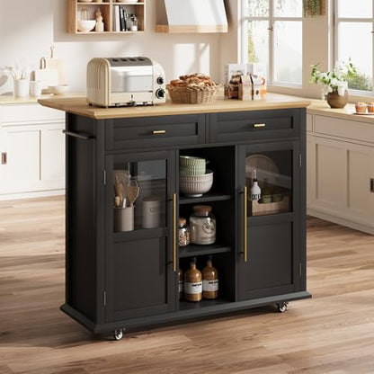 GAOMON 41" Rolling Kitchen Island Cart with Drop Leaf - Mobile Storage Cart 41" W x 16" D, Expandable Kitchen Island for Small Spaces, Farmhouse Style for Dining Room & Kitchen (Black and Natural)
