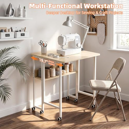 VECELO Folding Desk with Upgraded Wheels, 24.8 Inch Rolling Computer Table with Storage Shelf, Space Saving Sofa Table, Portable Mobile Workstation Small Spaces, Easy Assembly, Light Oak - color: Light Oak