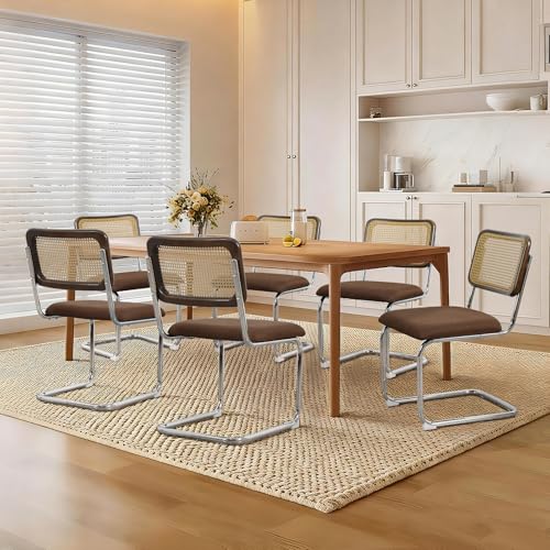 Rattan Dining Chairs Set of 6,Linen Cesca Chair Kitchen Chair,Coffee2 | VICBARLEY Mid Century Modern Dining Chairs,Wood Cane Backrest&Chrome Base,Upholstered Side Chair for Dining Room,Kitchen - color: Coffee2, size: Set of 6