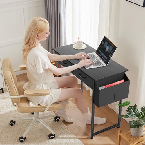 DUMOS 32" Home Office Computer Desk with Drawers, Small Gaming Writing Study Table with Storage Side Bag, Headphone Hook and Adjustable Feet for Bedroom Black | Home Office Desk with Side Bag for Bedroom, Gaming Writing Study Desk with Adjustable Feet - c