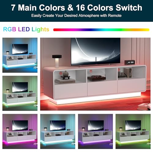 RoyalCraft TV Stand for TVs Up to 65", Modern White Entertainment Center with 3 Storage Drawers and LED Lights, Curved Wood Media TV Console for Living Room, Bedroom - color: White