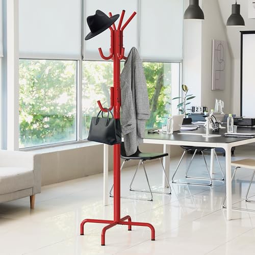 Simple Houseware Standing Coat/Hat Hanger Organizer Rack, 12 Hooks, Red | For Entryway, Bedroom, and Hallway - color: Red
