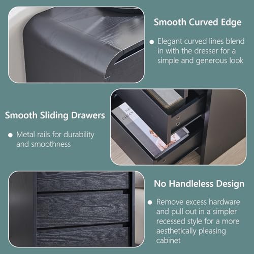 Aitjunz 25" Tall Modern Nightstand with Charging Station, 23.6'' Wide Wood Bedside Table w/3 Storage Drawers, Small Dresser w/Curved Profile Design, End Table for Bedroom, Black - color: Black