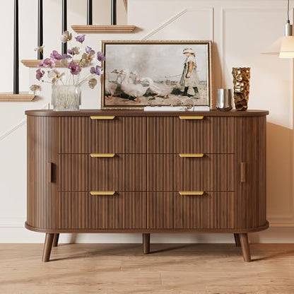 Decofy Fluted 6 Drawers Dresser, 55'' Wide Mid Century Modern Chest of Drawers with Sliding Door & Metal Handles, Curved Profile & Sturdy Legs, Wood TV Stand for Bedroom, Living Room (Walnut)