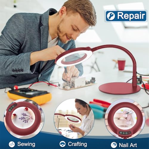 IVMAIE 12X Magnifying Glass with Light, Real Glass Lens, 5 Color Modes Dimmable, Flexible Gooseneck Lighted Magnifier with Stand, LED Desk Lamp Hands Free for Crafts Painting Reading Close Work, Red - color: Red
