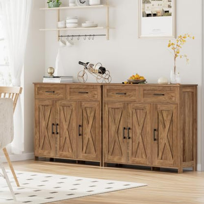 Homhedy Coffee Bar Storage Cabinet with Drawers, Kitchen Buffet Cabinet | Sideboard Cabinet with Doors, Farmhouse Buffet Cabinet, Adjustable Shelves, for Kitchen / Dining / Living Room, Rustic Walnut - color: Rustic Walnut