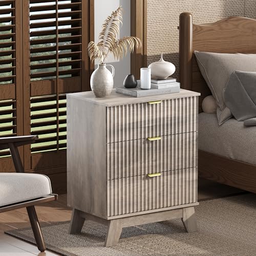 Grey Night Stand with 3 Drawers, Bedside Table & End Table, 24" Wide Mid Century Modern Fluted Wood Nightstand with Metal Handles, Farmhouse Night Stands for Bedroom, Gray - color: Grey, style: 3 Drawers