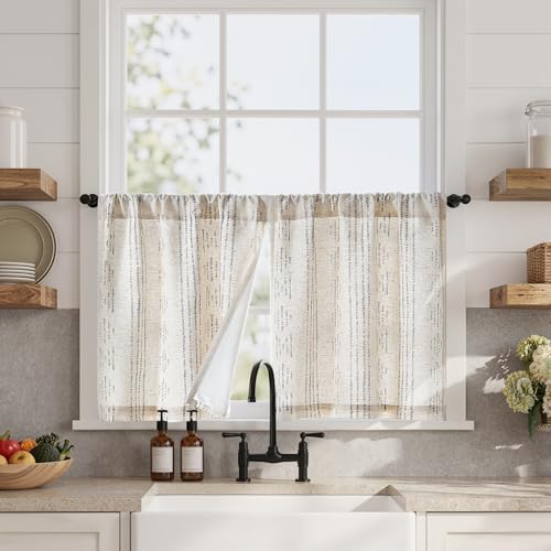 jinchan Boho Linen Kitchen Curtains 24 Inch Bohemian Geometric Striped Small Window Curtains Light Filtering Farmhouse Country Rustic for Bathroom Living Room RV 2 Panels Grey - color: Privacy | Grey on Beige, size: 25"W x 24"L (Pack of 2)