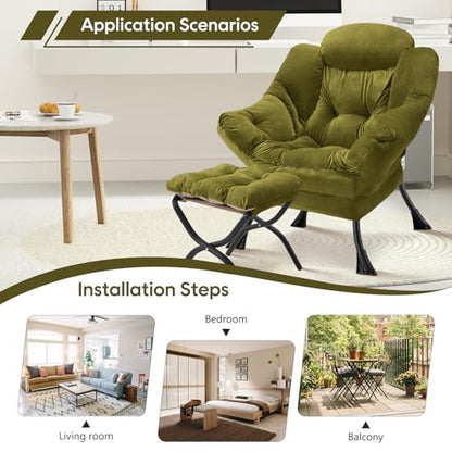 Lazy Chair with Folding Ottoman Modern Large Accent Chair,Contemporary Lounge Leisure Sofa Chair with Armrests Upholstered Sofa Armchair Reading Chair for Bedroom,Dorm & Office(Green-f) - color: Green