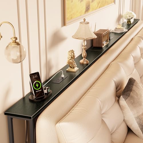Huuger 126 Inch Sofa Table with Power Outlets, Skinny Behind Couch Table | 5.9 Inch Narrow Entryway Table, Extra-Long Console Table, Behind the Couch Table with Outlet for Living Room, Black - color: Black, size: 5.9"D × 126"W × 29.7"H