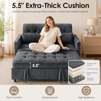 Dreamzie 55'' 3 in 1 Convertible Sofa Bed with USB Charging Ports, Pull Out Couch with Adjustable Backrest and Side Pockets, Sleeper Sofa for Living Room, Apartment, RV, Easy Assembly - Dark Grey - color: Dark Grey