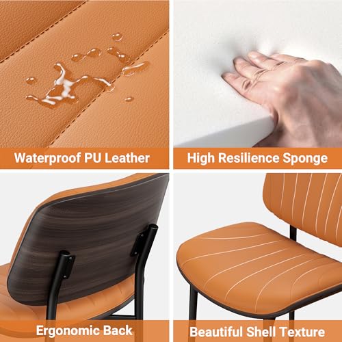 Dining Chairs Set of 2, Mid-Century Modern Upholstered PU Leather Chairs | with Walnut Back and Metal Legs Adjustable Feet for Kitchen Dining Room, Orange Shell Strips - color: Orange Shell Strips