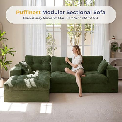 MAXYOYO Boneless Couch, 104-Inch L-Shaped Cloud Couch with Ottoman | Dark Green Upholstered Sofa Features Layered Cushions and Flexible Modules with No Assembly, Ideal for Modern Living Rooms. - color: Dark Green, size: 104" L Shape