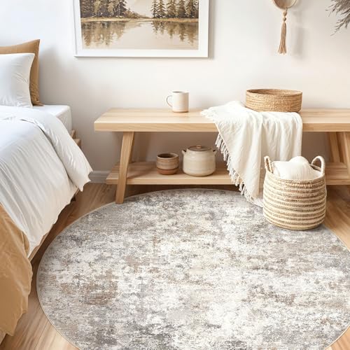 UERMEI 6ft Round Area Rug Living Room Rugs - 6x6 Washable Neutral Modern Abstract Soft Thin Rug Indoor Floor No Slip Rug Carpet for Bedroom Under Dining Table Home Office Decor - Brown Grey - color: Brown Grey, size: 6' (Round)